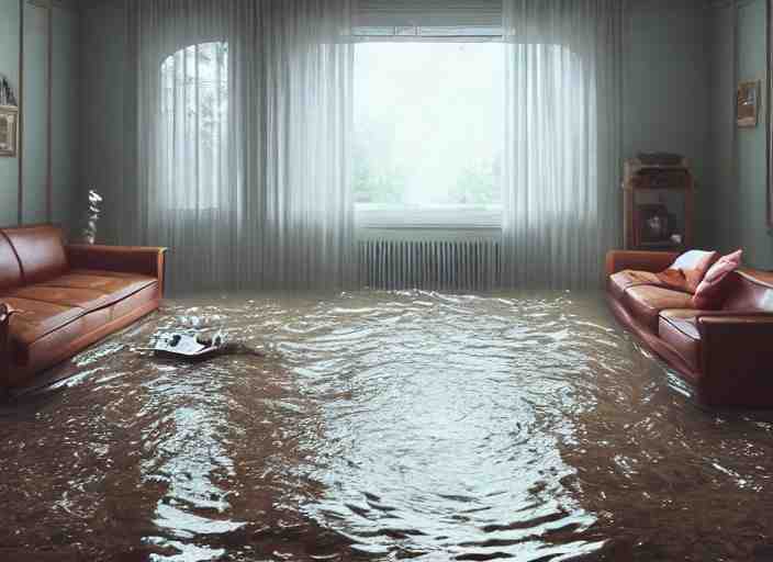 kodak portra 4 0 0 photographic and realistic, 7 0 s living room, detailed, octane render, unreal engine, 4 k, artstation, hyper realistic, wide angle, floor flooded, how a river, objects that float, 3 5 mm, sharp focus, soft light, volumetric light fog, in the style of gregory crewdson 