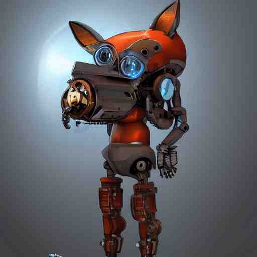 mechanical fox with robo tech, apocalyptic elements, art render, character concept, smooth, sharp detail, pixar style 