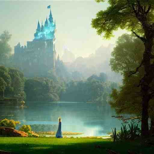 beautiful illustration of a big castle in a serene landscape and a beautiful lake, green grass and trees, blue sky, by albert bierstadt, highly detailed, crystal lighting, mystical, forest, hyperrealistic, 4 k, unreal engine, magical, by joe fenton, by greg rutkowski, by greg tocchini, by kaws, by kate beaton, by kaethe butcher 