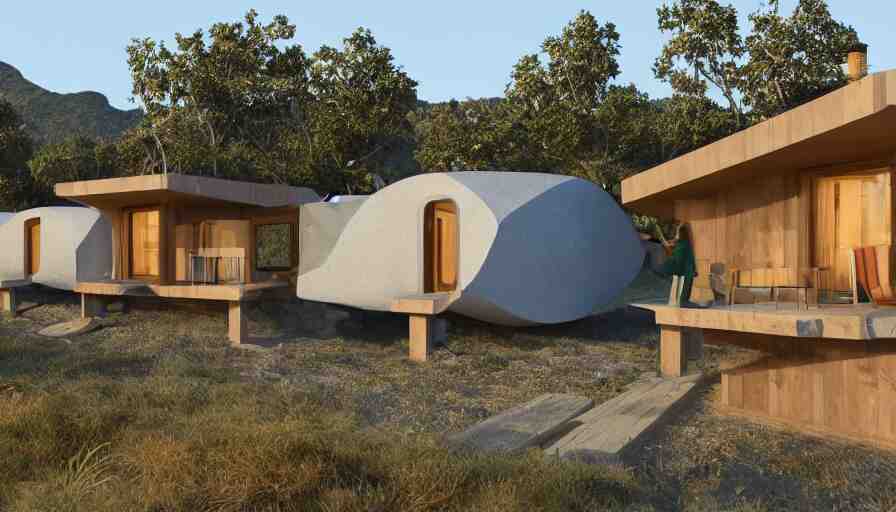 An architectural rending of an eco-community neighborhood of innovative contemporary 3D printed sea ranch style cabins with rounded corners and angles, beveled edges, made of cement and concrete, organic architecture, on the California coastline with side walks, parks and public space , Designed by Gucci and Wes Anderson, golden hour