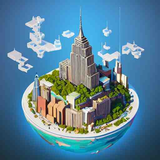 floating island with new york city in the sky, low poly, isometric art, 3d art, high detail, artstation, concept art, behance, ray tracing, smooth, sharp focus, ethereal lighting