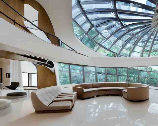 A futuristic living room with floor to ceiling glass windows on the left and curved wooden stairs going upstairs on the right, two white sofas with a white marble table in the center of the living room, stairs to the second floor, in a large glass dome, 8k resolution, professional interior design photograph, wide angle photograph