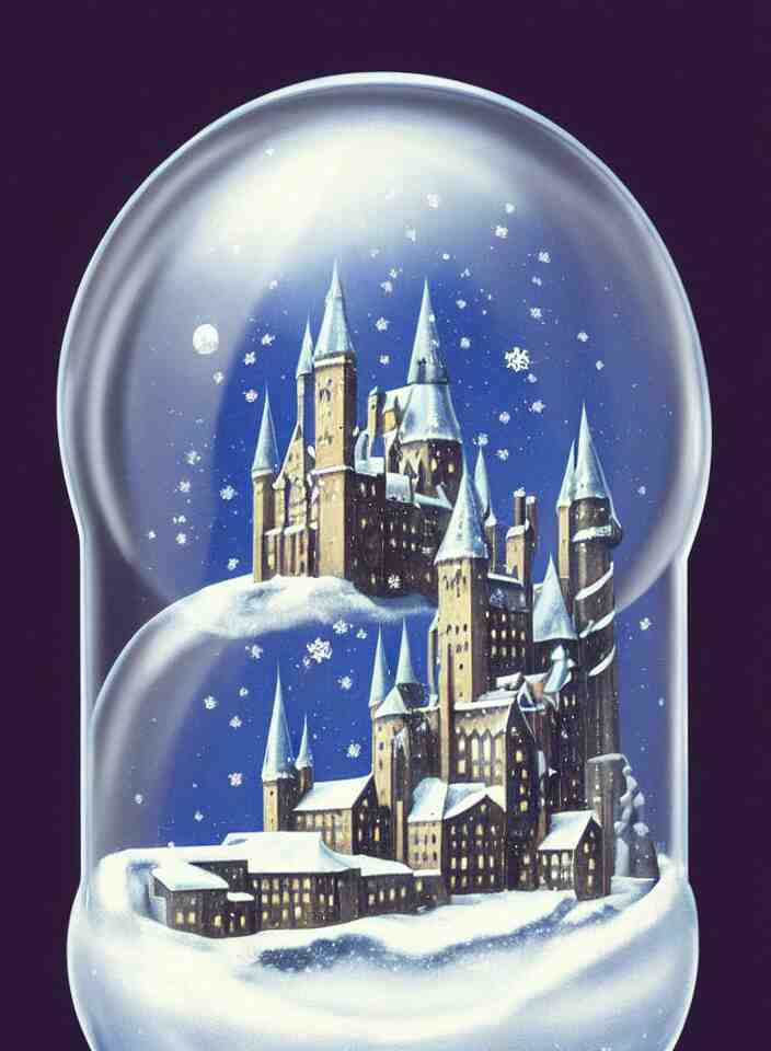 an achingly beautiful print of one snow globe with hogwarts inside by raphael, hopper, and rene magritte. detailed, proportional, romantic, vibrant, enchanting, trending on artstation 