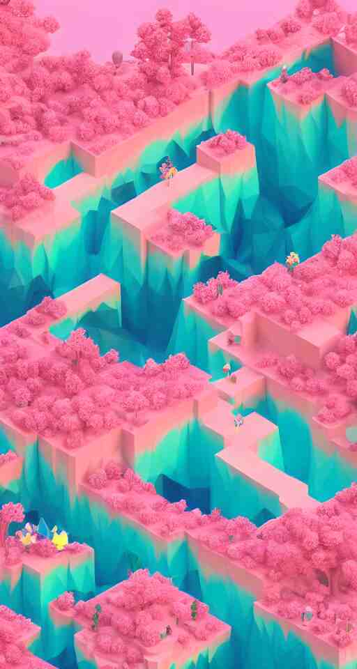 a cute little matte low poly isometric cherry blossom forest island, pink waterfalls, mist, lat lighting, soft shadows, trending on artstation, 3d render, monument valley, fez video game,