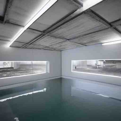 upholstered sofas fluorescent ceiling lighting rectangular water pond in a large minimalistic concrete rectangular room with no windows, a tilt shift photo by leandro erlich, featured on cg society, kitsch movement, hall of mirrors, high dynamic range, studio portrait 