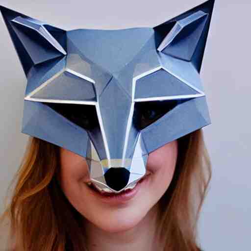 a young blue-eyed blonde woman wearing a lowpoly fox mask made of transparent glass, looking sideways seductively