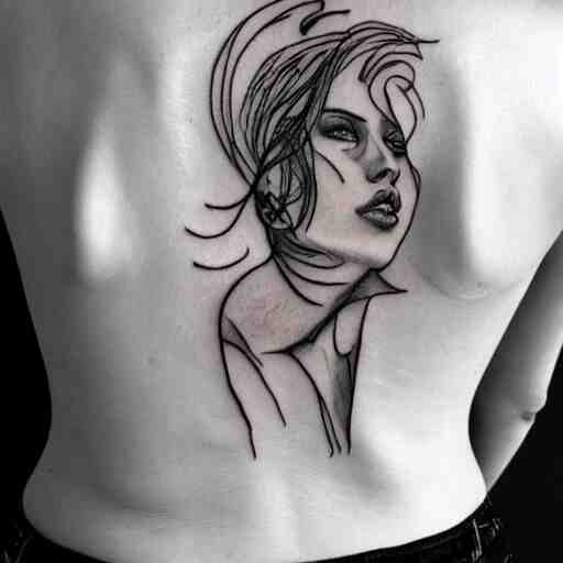 tattoo of Scarlett Johansson, sketched by Loish, back tattoo