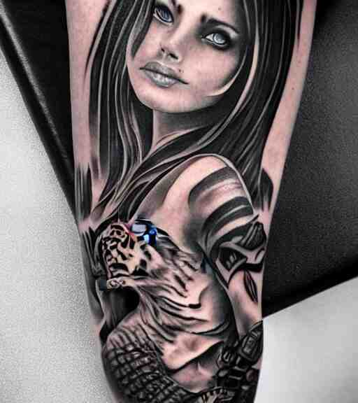 tattoo design of a beautiful girl warrior under a tiger head, hyper realistic, realism tattoo, by eliot kohek, beautiful eyes, realistic face, black and white, white background 