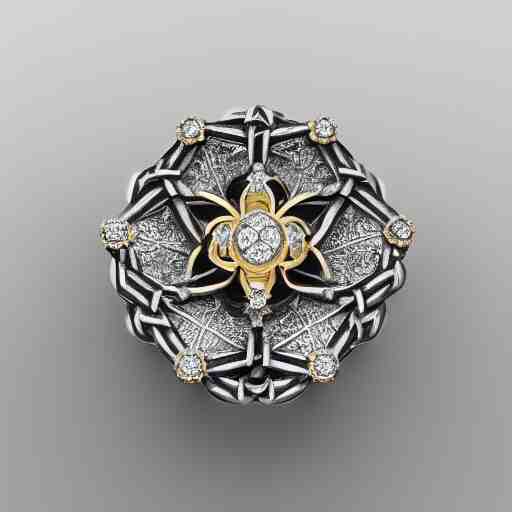 intricate!! nordic ring and necklace and ear, silver and gold and diamond, isolated on a white background and a flower in the background, refraction, occlusion, filigree, lower and upper levels, keyshot render, octane render, vray render 