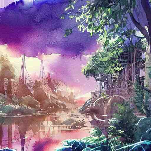 Beautiful happy picturesque charming sci-fi town in harmony with nature. Beautiful light. Water and plants. Nice colour scheme, soft warm colour. Beautiful detailed watercolor by Lurid. (2022)