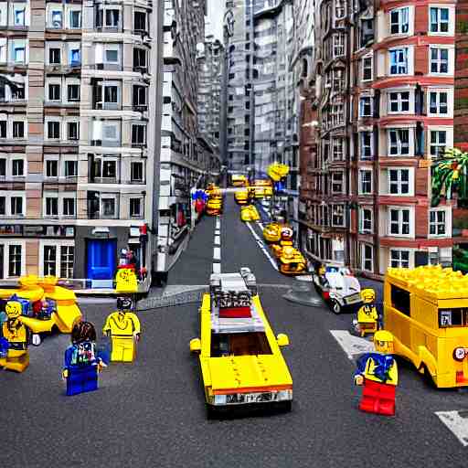 mini lego in the city, photorealistic, highly detailed, sharp focus, vivid, symmetrical, random, convoluted, mind - blowing, creative, fully functional, physics defying, amazing, cool, atmospheric 