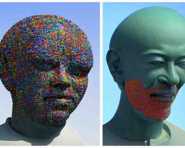 a long shot of a giant award winning sculpture made out of tons of hundreds of pool toys in the shape of a human head, on the surface of the ocean, in the style of chad knight, hyper detailed, hyper realistic, ray tracing, 8 k resolution, sharp focus, realistic water 