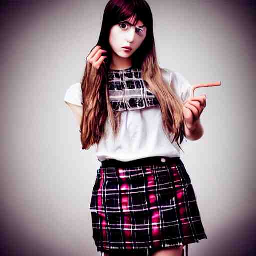 female model teenage goth photography plaid mini skirt band shirt beautiful face, dramatic light darkroom 