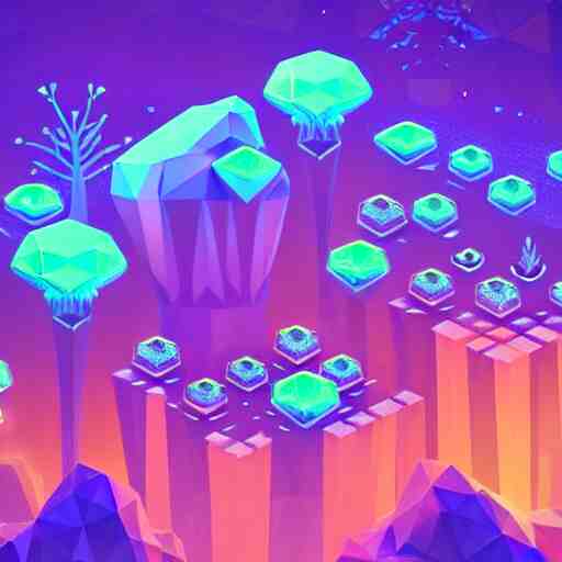 mobile game asset, isometric staircase, crystals, organic low poly design, bioluminescent alien - like plants inspired by the pandora aesthetic avatar's alien nature. we can see alien plants glowing in the dark arround the isometric itens in dark place cyan, orange smooth glow night photoshop filter low poly behance hd 