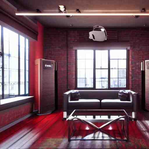A screenshot of a Virtual Reality music studio, living room vibe, Paris loft style, red velvet furniture, light rays coming out of the windows, raytracing, highly detailed, futuristic, unreal engine 5, photoscanned, photorealistic, 