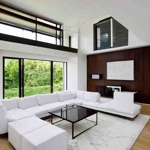 A modern living room with a beautiful white marble table between 2 white sofas ,on the left of the living room there are floor to ceiling glass window and on the right of the living room there are wooden stairs to the second floor, 8k resolution, professional interior design photograph