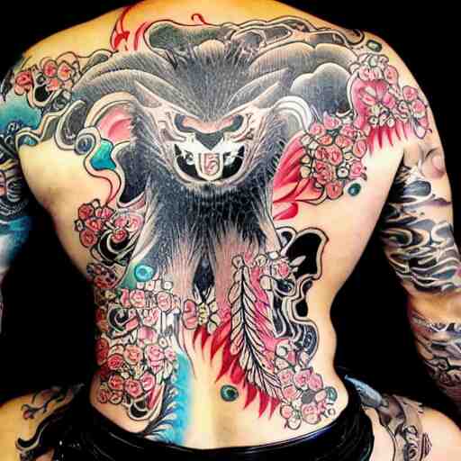 photograph of a Japanese back tattoo, colourful ink, traditional Japanese pattern depicting a werewolf, highly-detailed, beautiful, award winning, 8k