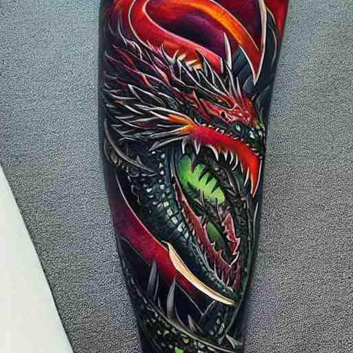 dark and vibrant fantasy dragon!!! drake wyvern, black and emerald dragon!!, forearm tattoo