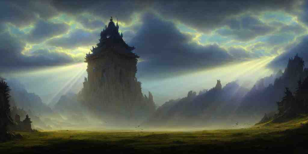 a beautiful fantasy landscape, medieval tower, majestic, god rays, silhouette of a flock of birds in the sky, extremely detailed digital painting, in the style of fenghua zhong and ruan jia and jeremy lipking and peter mohrbacher, mystical colors, rim light, beautiful lighting, 8 k, stunning scene, raytracing, octane, trending on artstation 