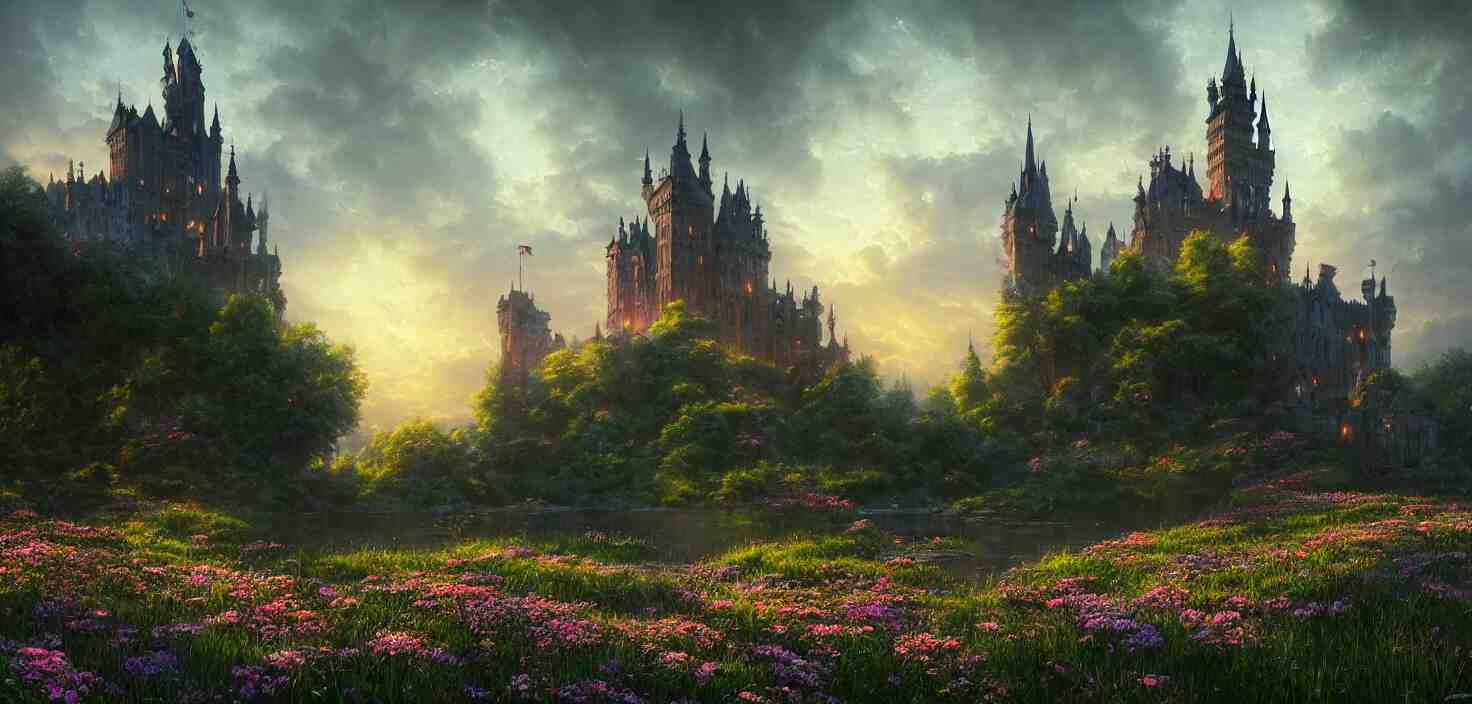 fabulous gothic castle surrounded by flowers, a castle by the river in the evening twilight, cinematic view, epic sky, detailed, concept art, low angle, high detail, warm lighting, volumetric, godrays, vivid, beautiful, trending on artstation, by jordan grimmer, huge scene, grass, art greg rutkowski 