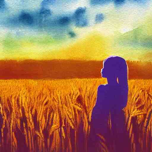 silhouette of a girl in a field of wheat, colorful clouds in the sky, watercolor