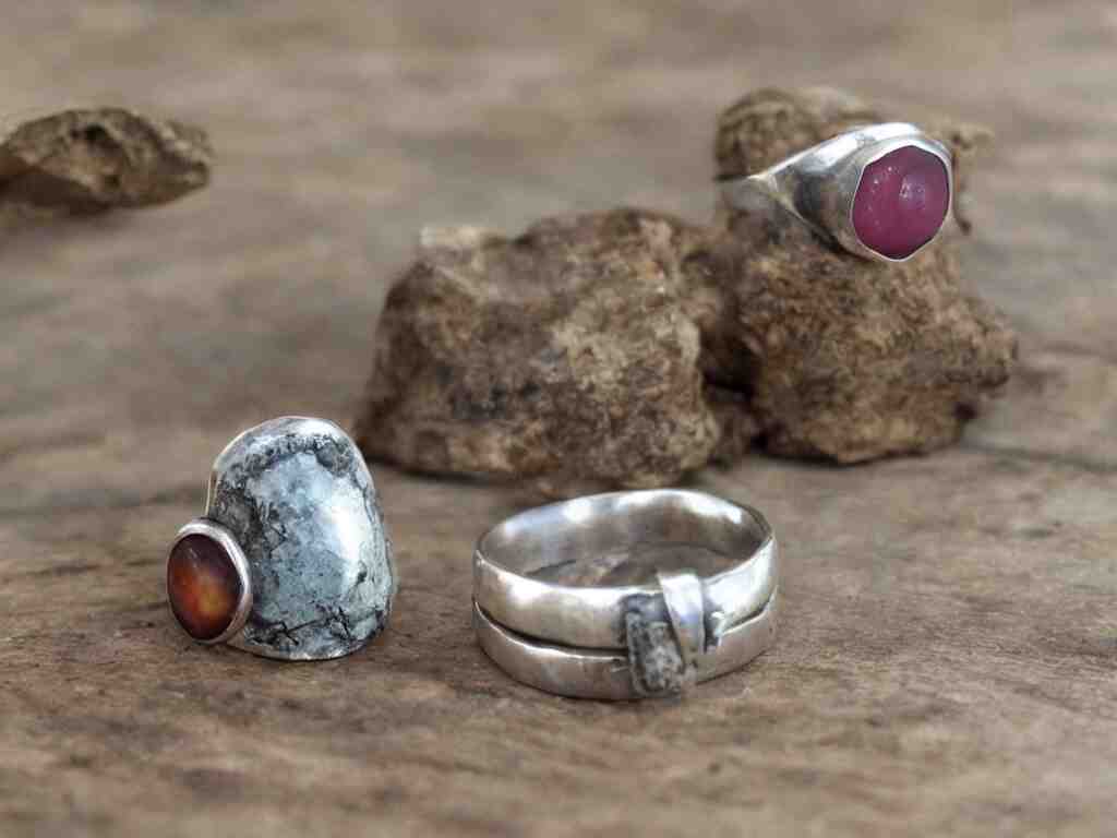 rustic hand made rings hand crafted from silver and natural gemstones