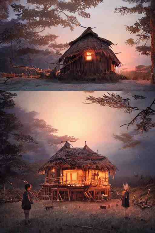 an awesome twilight day concept art of old hut with chicken legs, by kengo kuma and wes anderson with village, mixed development, cgsociety, fantastic realism, artstation hq 