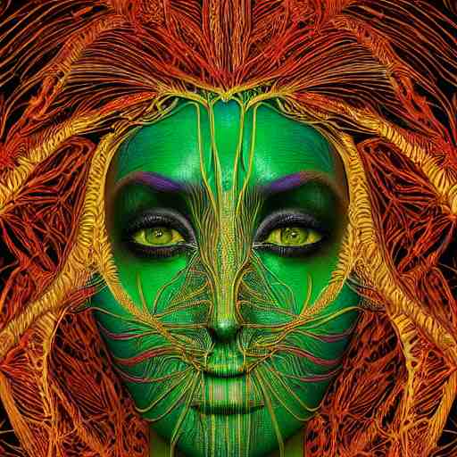 a majestic portrait of a woman with a vascular structure as the amazon aws logo, digital painting, high detail, 8 k, intricate ornamental details, vibrant iridescent colors, green magenta and gold 