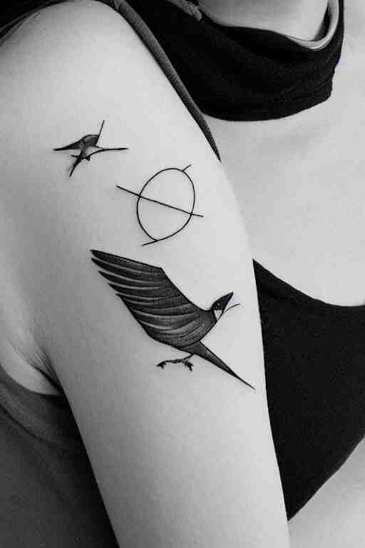 a beautiful swallow tattoo design of minimalist swallows flying into spherical lines and simple basic shapes, black ink, abstract logo, line art 