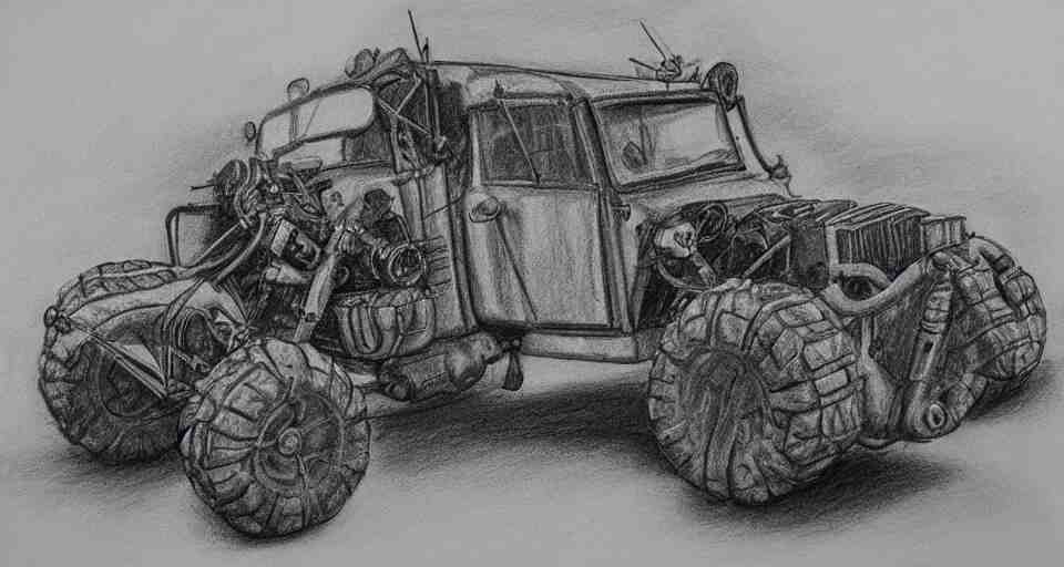 graphite drawing of a stylized cartoony fury road car 