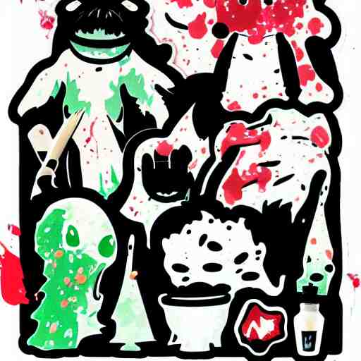 die cut sticker, ghibli characters, splatter paint 