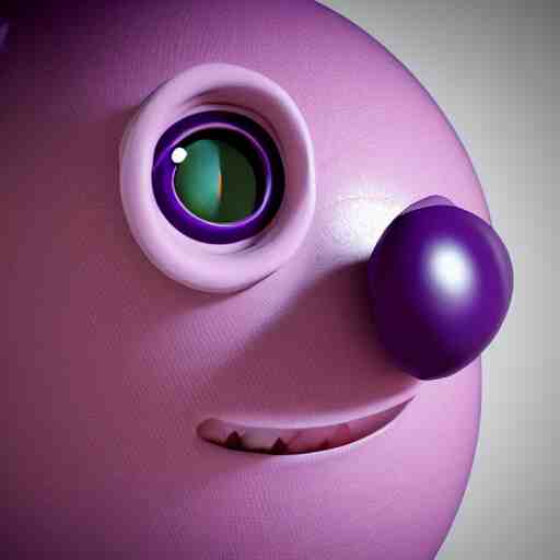 photo of a clay model of character with large spherical purple head and tiny eyes with comically tiny body and spindly limbs leans close to the camera, fish eye lens, 4 k, hyper realistic, hyper detailed face, octane render 