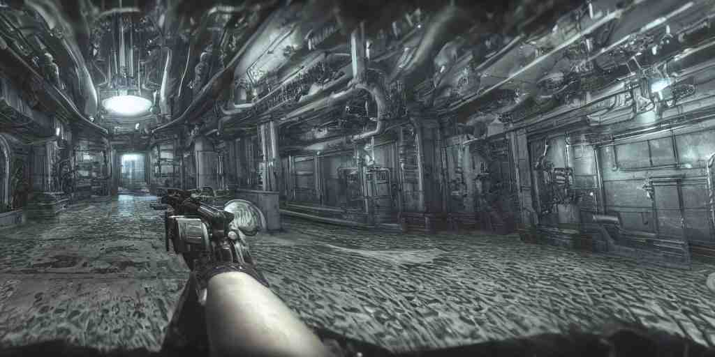 Gameplay footage of a first person game designed by H.R Giger and Kojjima, amazing graphics, raytracing, detailed