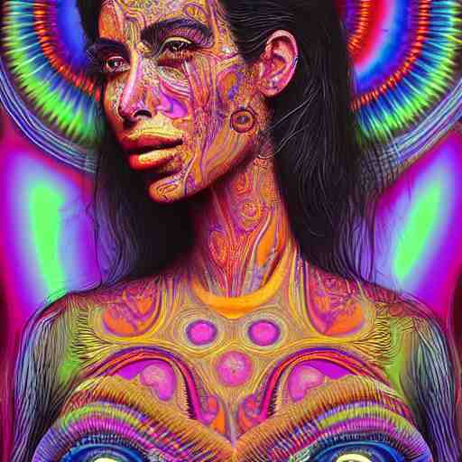 an extremely psychedelic portrait of kim kardashian, surreal, lsd, face, detailed, intricate, elegant, lithe, highly detailed, digital oth, sharp focus, illustration, 