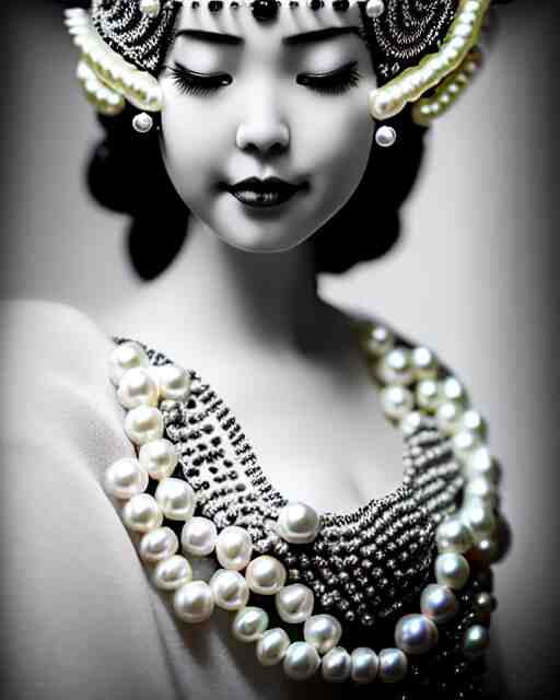 black and white dreamy young beautiful crowned female artificial intelligence, crown is full of flowers and pearls, realistic pearl ornament in the face, long hair are intricate with highly detailed realistic pearls, cinematic, rim light, bokeh, photo - realistic, elegant, high detail, 8 k, masterpiece, photo taken in 1 9 3 0 