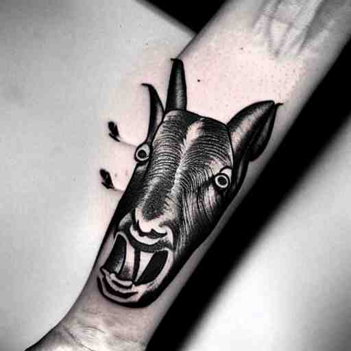 a tattoo of a goat with a stick of dynamite in its mouth