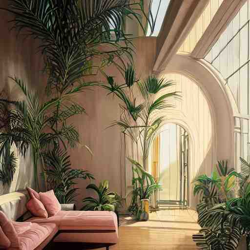 indoor liminal space, golden light, greg rutkowski, palm trees, pink door, minimalistic, hyperrealistic surrealism, award winning masterpiece with incredible details, epic stunning, infinity pool mirrors, a surreal vaporwave liminal space with mirrors, highly detailed, trending on artstation, artgerm and greg rutkowski and alphonse mucha, daily deviation 
