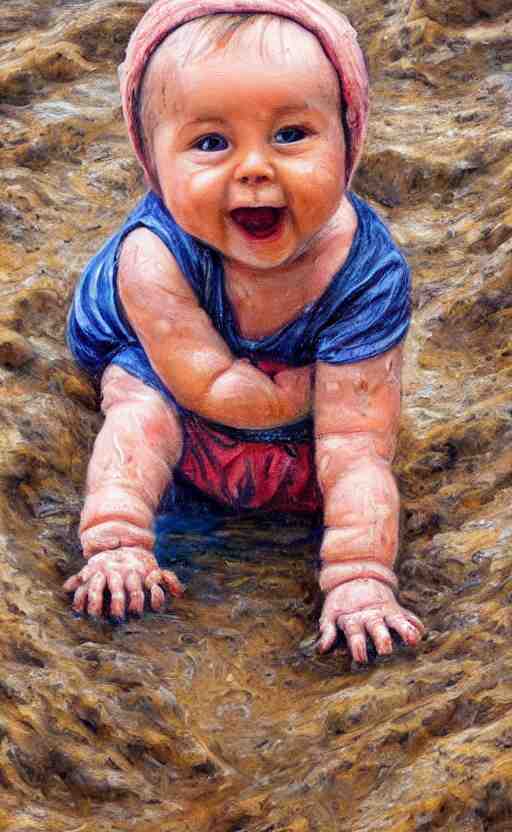 beautiful detailed painting of a baby crawling in the mud. the baby is smiling and happy, and wearing small wellies. vibrant, high quality, very funny, beautiful, hq. hd. 4 k. award winning. trending on artstation 