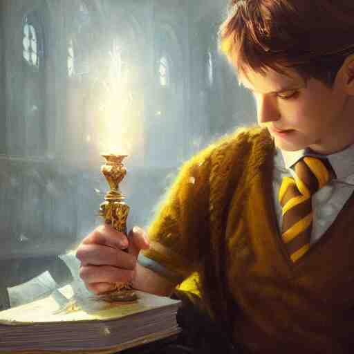 an oil painting of a portrait of a handsome hogwarts boy in hufflepuff holding glowing magic books, fairy tale, dreamy light, by wlop, greg rutkowski, thomas kinkade, super detailed, 3 d, hdr on, 4 k wallpaper 