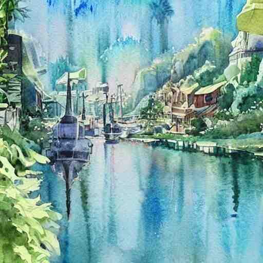 Beautiful happy picturesque charming sci-fi town in harmony with nature. Beautiful light. Water and plants. Nice colour scheme, soft warm colour. Beautiful detailed watercolor by Vincent. (2022)