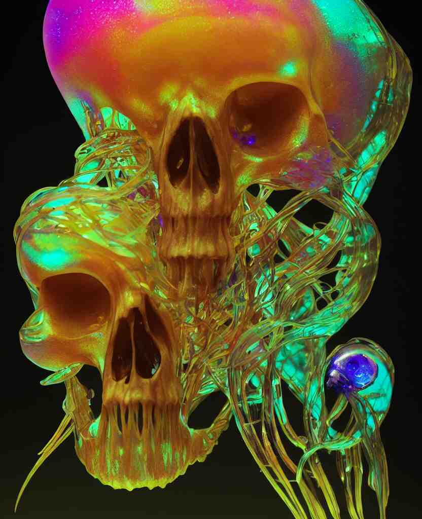 close-up portrait of skull dichroic orchid jellyfish skull, betta fish, bioluminiscent creatures, intricate artwork by Tooth Wu and wlop and beeple. octane render, trending on artstation, greg rutkowski very coherent symmetrical artwork. cinematic, hyper realism, high detail, octane render, 8k