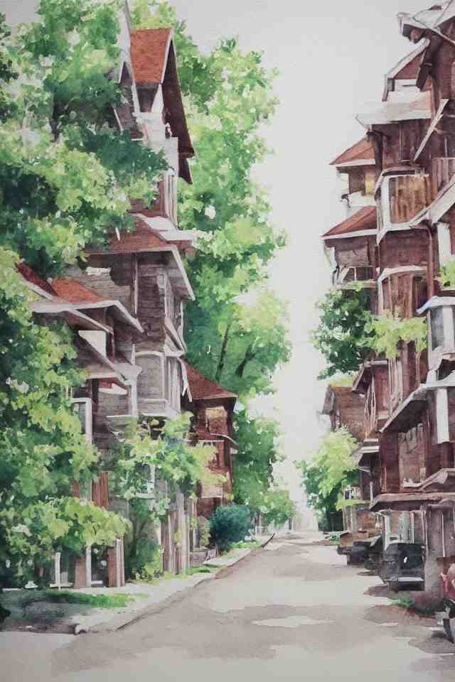 street lined with old residential houses summer watercolor by arti chauhan trending on artstation 