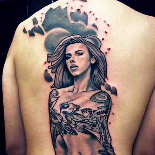 tattoo of Scarlett Johansson, sketched by Loish, back tattoo