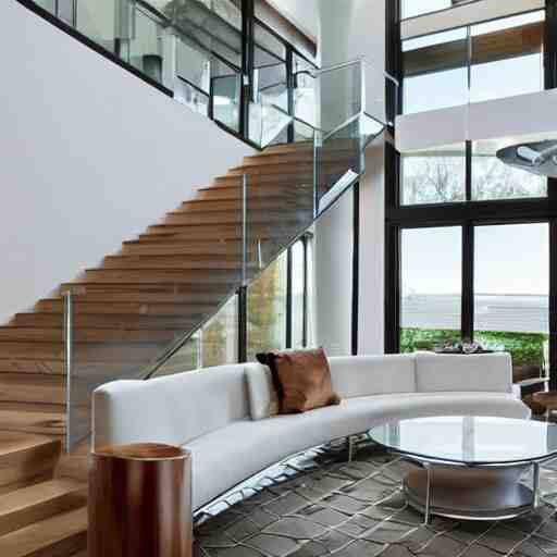 A modern style living room with floor to ceiling glass windows on the left and curved wooden stairs going upstairs on the right, two white sofas with a white marble table in the center, stairs to the second floor, 8k resolution, professional interior design photograph, wide angle photograph