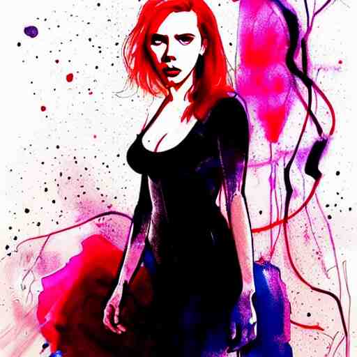 phil noto, pretty scarlett johansson black widow, symmetrical eyes, long red hair, full body, by agnes cecile and moebius and envi bikal, very luminous design, pastel colours, ink drips, autumn lights 