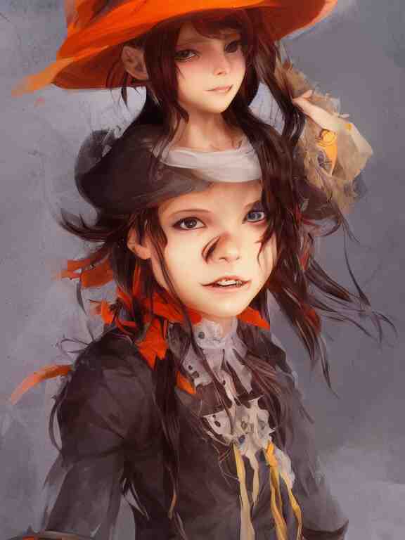 Full shot of a cute mischievous young witch about to get up to some trouble. Latin American fashion. Black and Orange palette. Latina girl. brown skin. By Ruan Jia and Artgerm and Range Murata and WLOP. Key Art. Fantasy Illustration. award winning, Artstation, intricate details, realistic, Hyperdetailed, 8k resolution.