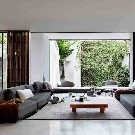 A modern living room with 2 sofas facing each other with a white marble table in the center, on the left side of the living room there is a floor to ceiling glass window that leads to the courtyard, on the right side of the living room there are wooden stairs that lead to the second floor