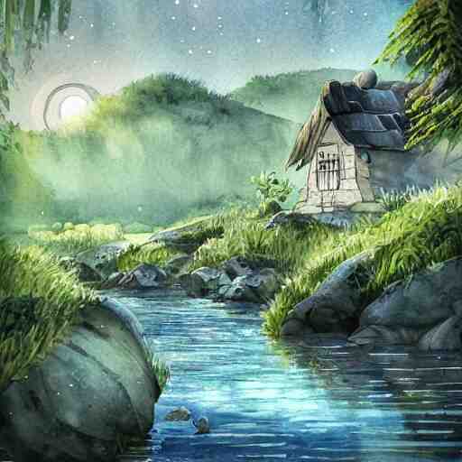 beautiful happy picturesque charming sci - fi organic homes in a beautiful natural scene. water, trees and rocks. beautiful light. grainy and rough. soft colour scheme. beautiful artistic detailed watercolor by lurid. ( 2 0 2 2 ) 