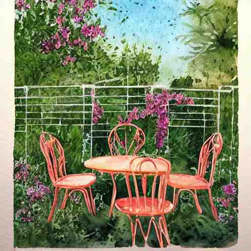 delicate, tiger, chairs, garden, paved, botanic watercolors, iridescent, 8 k, realistic shaded, fine details, artstation, italian, iron gate, tree, mediterranean, marvelous 