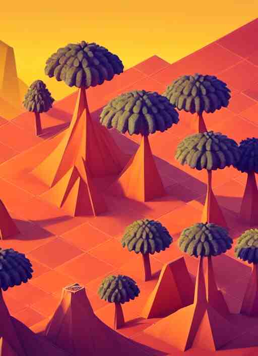 a low poly isometric render of madagascar with baobab trees in the style of monument valley, intricate, elegant, smooth shading, soft lighting, illustration, simple, solid shapes, by magali villeneuve, jeremy lipkin and michael garmash, rob rey and kentaro miura style, octane render, midsommar 